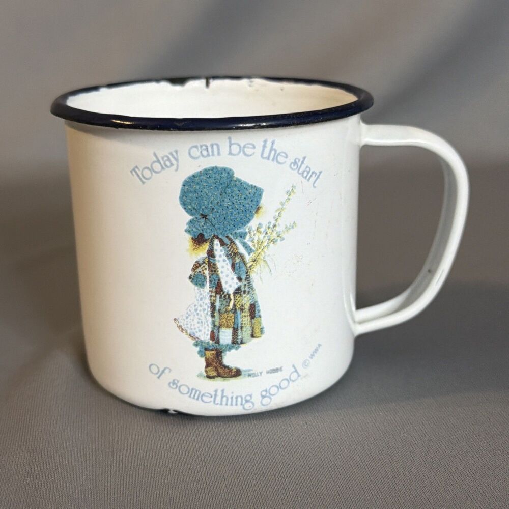 Vintage Holly Hobbie "Blue Girl" Tin Enamel Cup 3" Mug